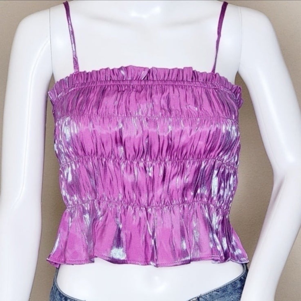 Forever 21 Cami Top Purple Metallic Smocked Cropped Tank Small NWT